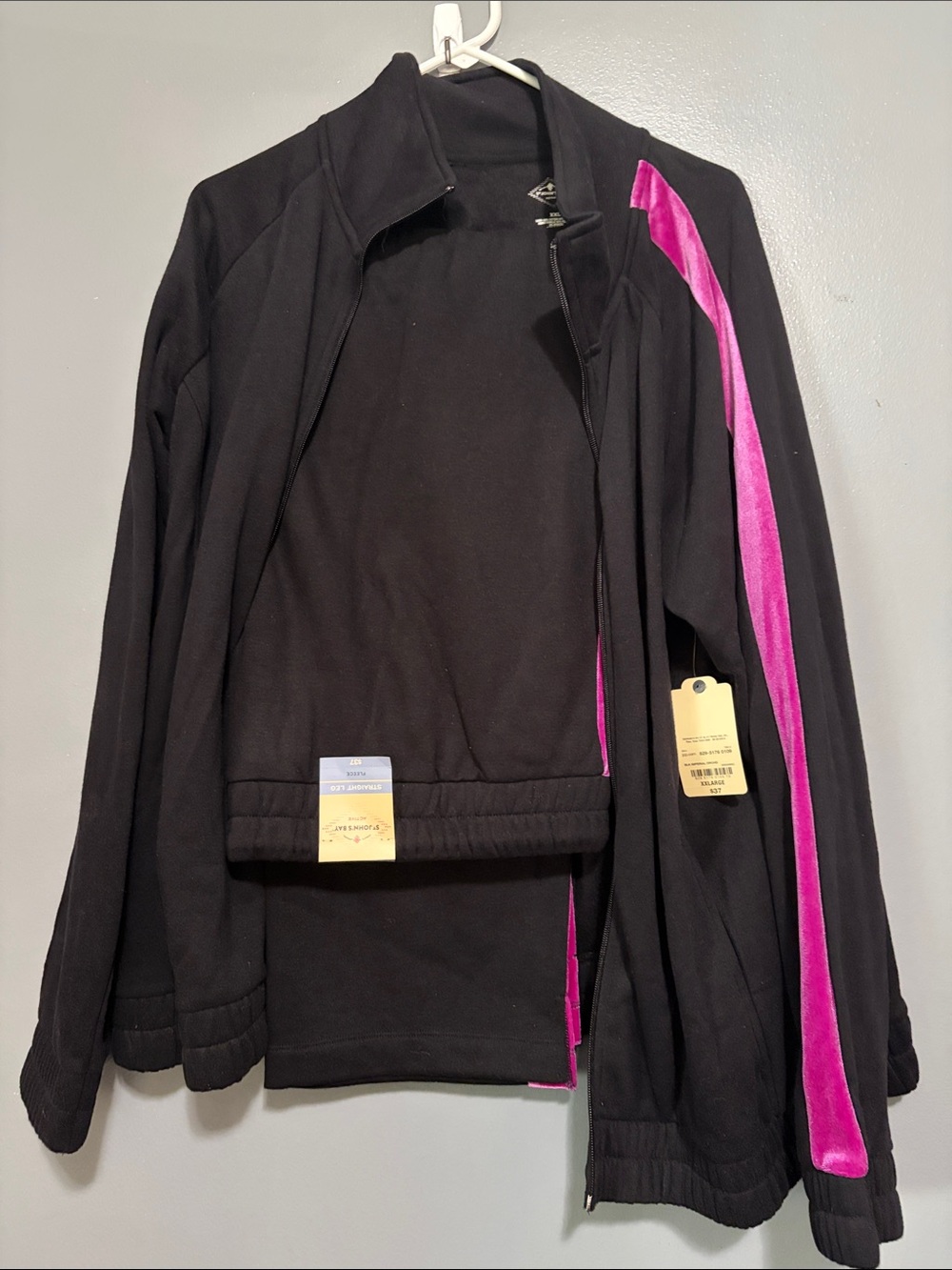 St. John's Bay Black Activewear Jacket and pants set with Pink Velvet Stripe XXL